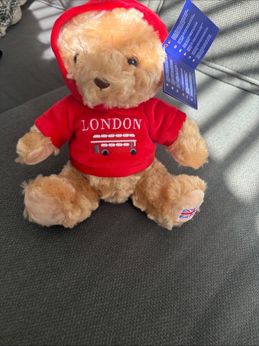 Plush London Bear in Red Hoodie - Soft Tan Cuddly Toy